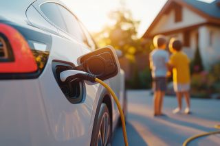 Foto: E-Auto wird aufgeladen im Hintergrund zwei Kinder